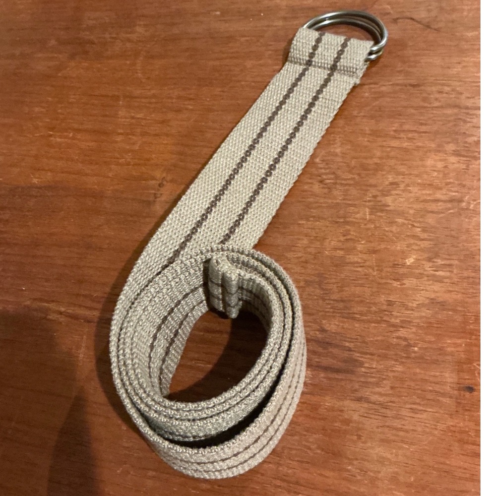 Mens Canvas D-Ring Belt Tan Brown Striped Woven Webbing Adjustable 42 Inch